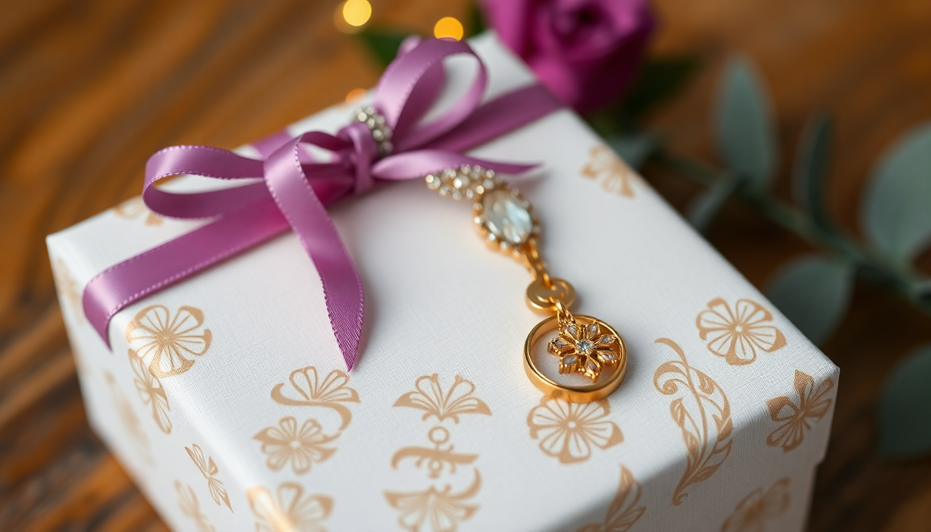 A beautifully wrapped personalized gift box with jewelry