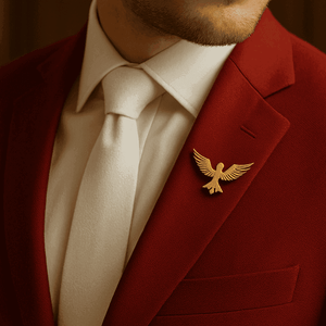 Stylish silver bird brooch on men’s blazer – luxury lapel pin for formal outfits