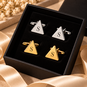 Personalized silver and gold triangular cufflinks with black engraved S initials in a luxury black gift box
