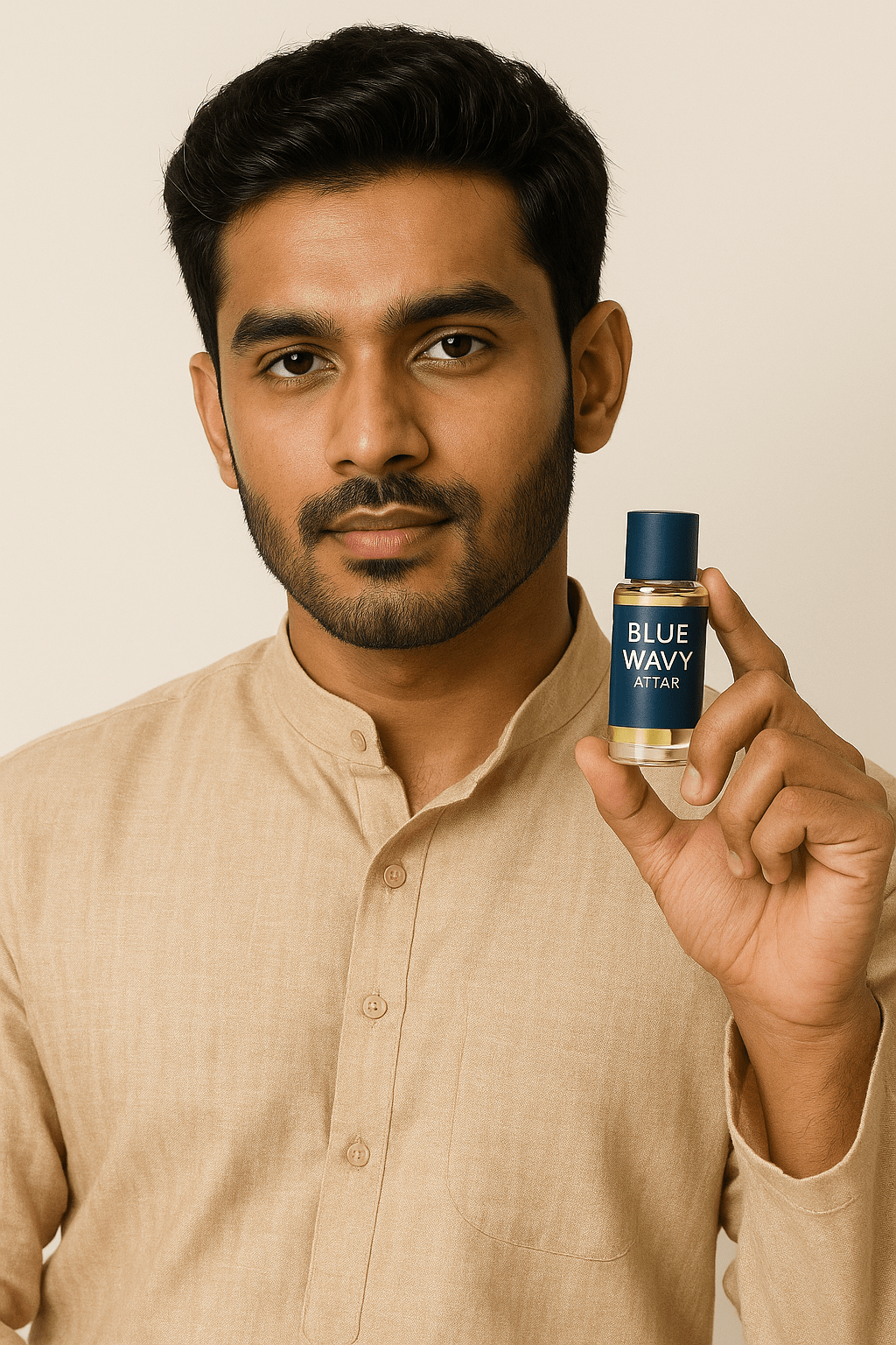 Man holding Blue Wavy attar perfume bottle in traditional attire showcasing its design.