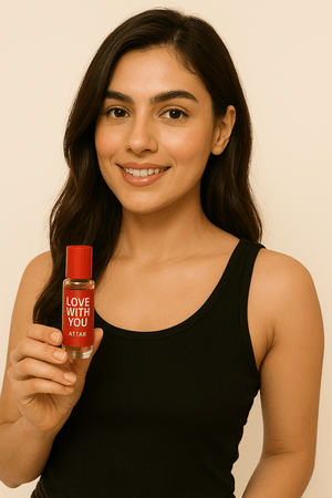 Smiling woman holding Love With You attar perfume in a stylish bottle, showcasing its elegance