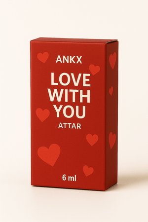 Ankx Love With You attar perfume box in red featuring hearts, 6 ml packaging