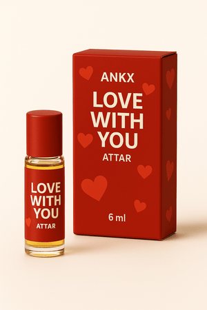 Ankx Love With You attar perfume in a 6 ml bottle with red packaging featuring heart designs