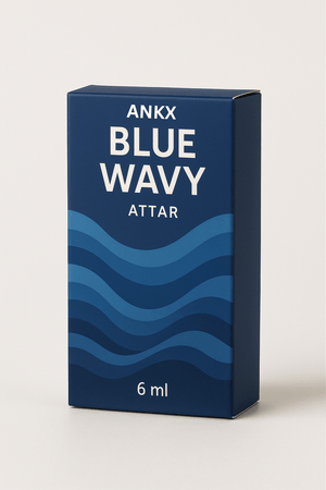 Ankx Blue Wavy attar perfume box in blue, featuring wavy design and 6 ml volume