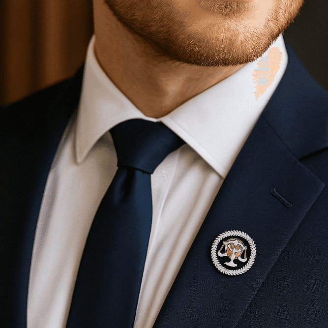 Advocate Brooch for Lawyers displayed on a professional suit jacket with justice scale emblem