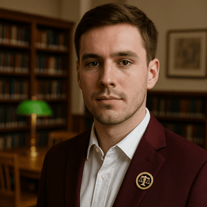 Advocate Brooch for Lawyers worn on a formal blazer in a law library setting, featuring justice scale emblem.