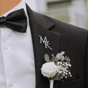 Personalized initial lapel pin worn on black suit jacket custom monogram brooch by ANKX