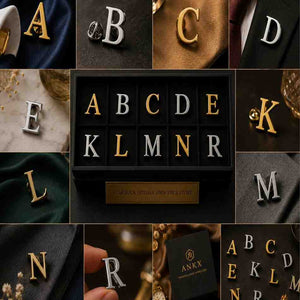 Collage of gold and silver alphabet letter pins in various settings.