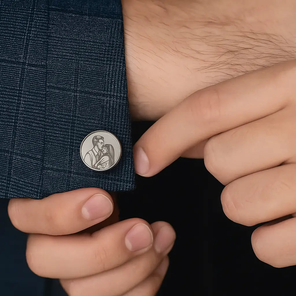 Custom Engraved Photo Cuff Pin on blue suit sleeve close-up.