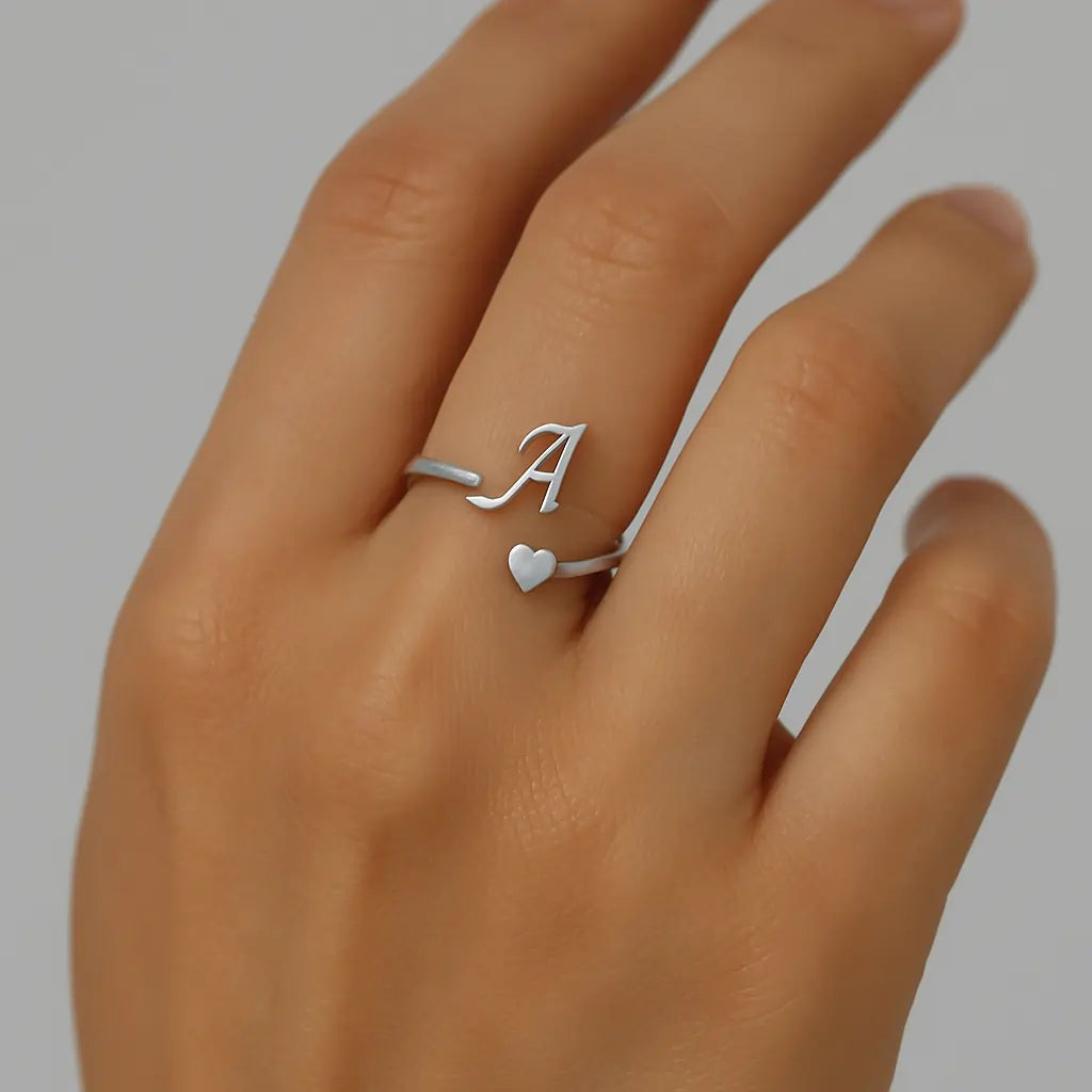 Custom Letter Heart Ring adjustable fit on female hand.