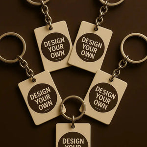 Custom design your own keychain displayed in a flat lay arrangement – personalized keychain template for gifting.