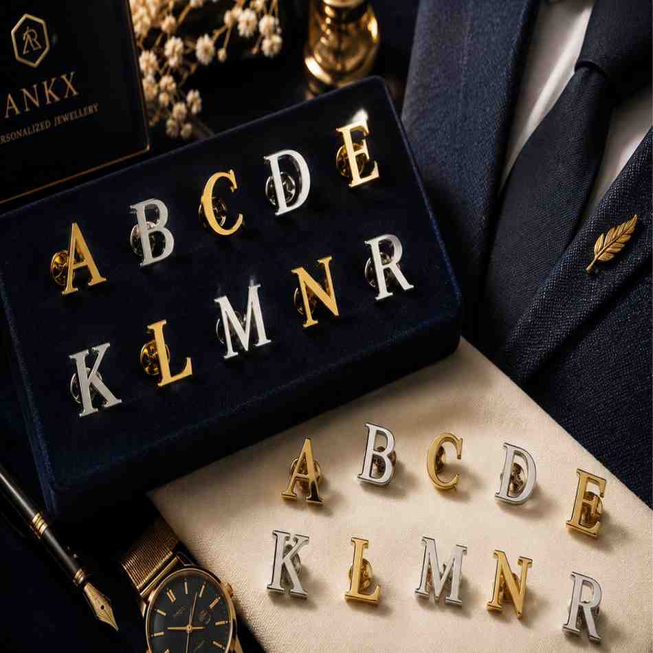 Gold and silver alphabet letter pins displayed on velvet and fabric surfaces