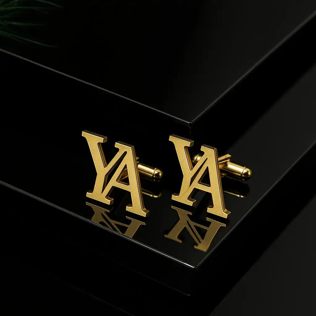 Gold personalized letter cufflinks displayed on black luxury background