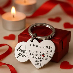Heart-shaped custom date keychain engraved with special calendar and love charm