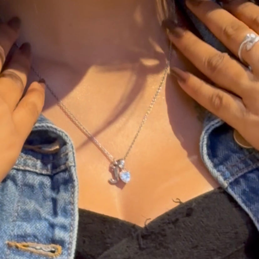 Name Initial with Silver Heart Diamond Necklace Pure Sterling Silver 925 With Silver Chain