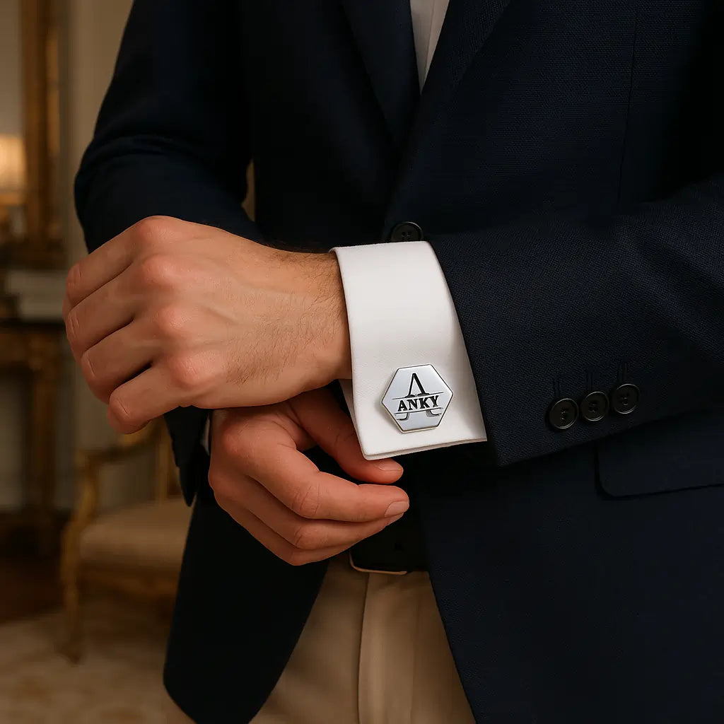 Luxury designer cufflinks for men with monogram engraving on formal shirt cuff