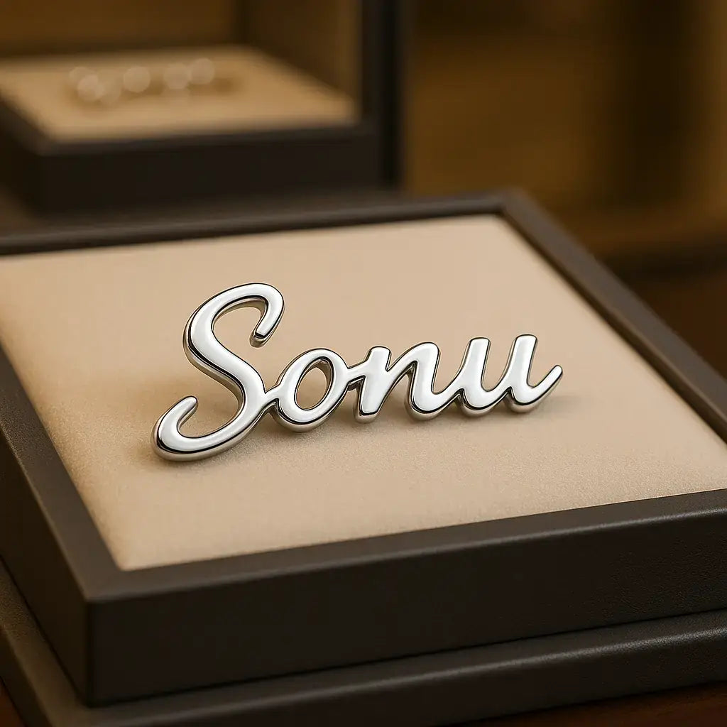 Custom Silver Name Brooch “Sonu” displayed on jewelry shop background – Personalized metal name pin for clothing and gifting.