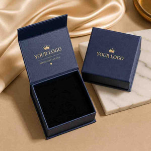 Navy blue magnetic gift box with custom logo, open and closed views