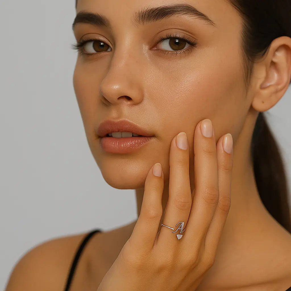 Personalized Initial Heart Ring on woman’s hand close-up with letter design.
