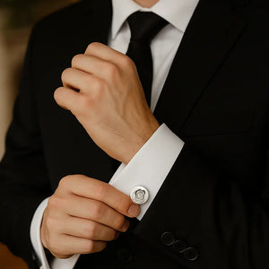 Personalized Photo Cuff Pin worn on white shirt cuff with black suit.