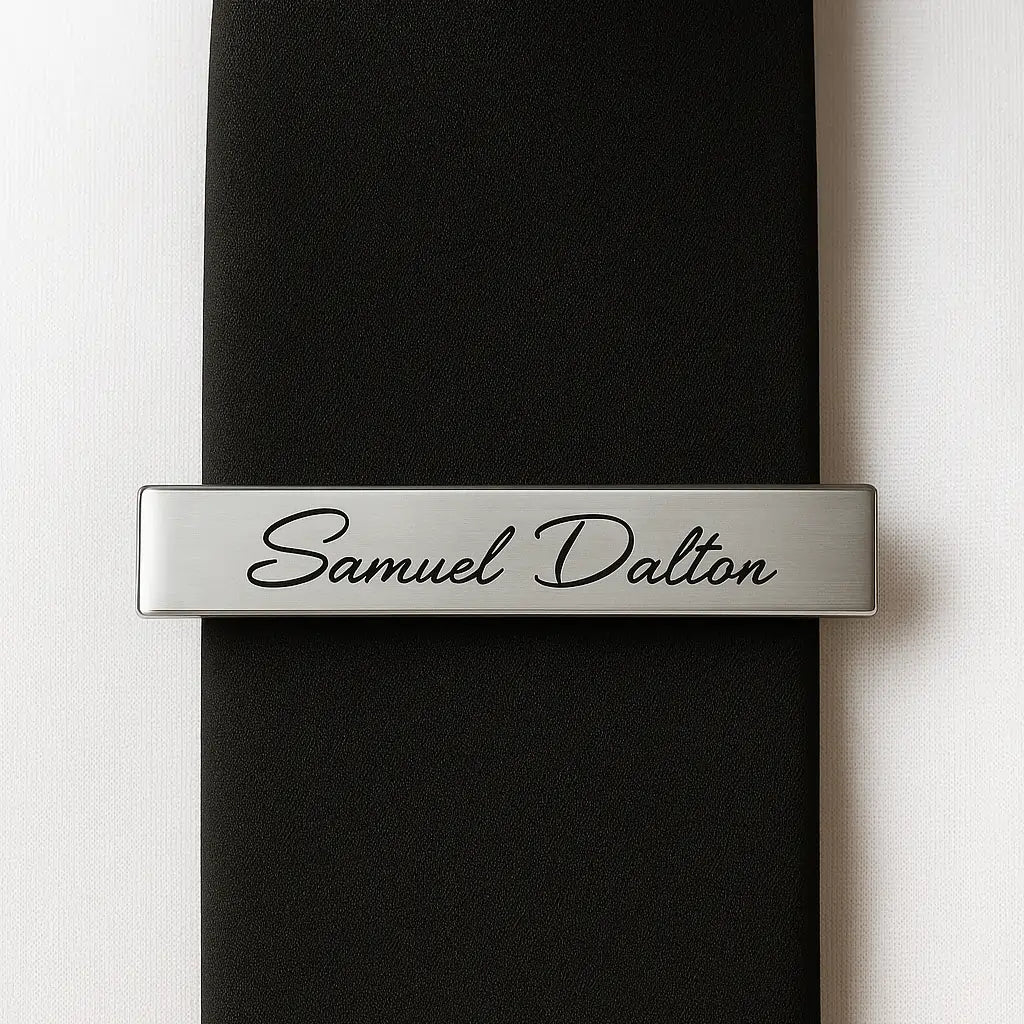 Silver custom engraved tie clip with personalized name on black tie