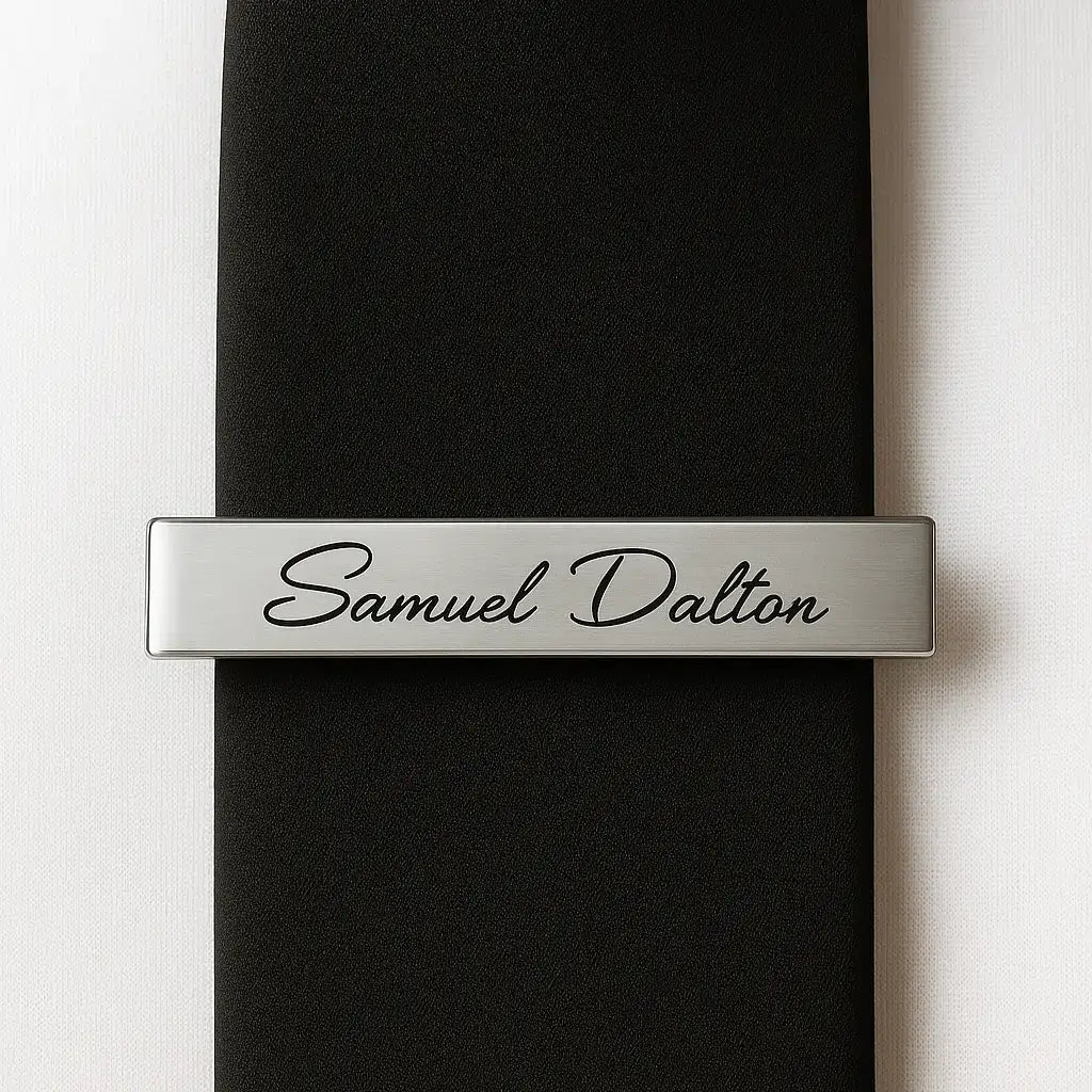 Silver custom engraved tie clip with personalized name on black tie