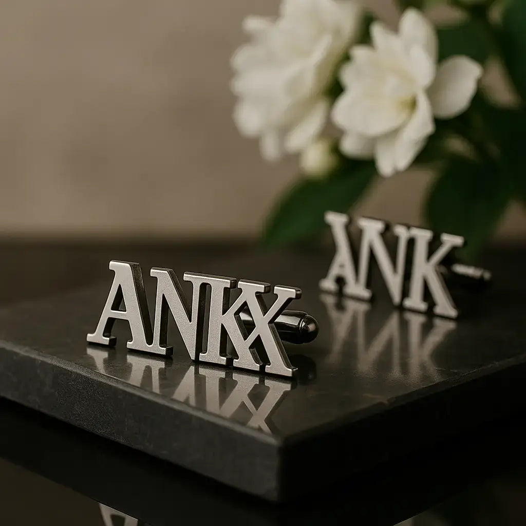 Silver name initial cufflinks styled on slate surface with white flowers background