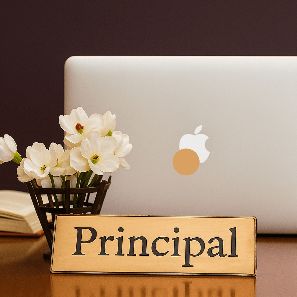 Personalized desk name plate for Principal in elegant design next to flowers and a laptop