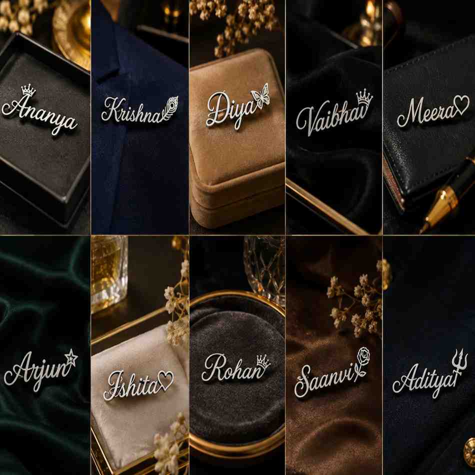 Grid of personalized silver name pins with decorative charms on various backgrounds.