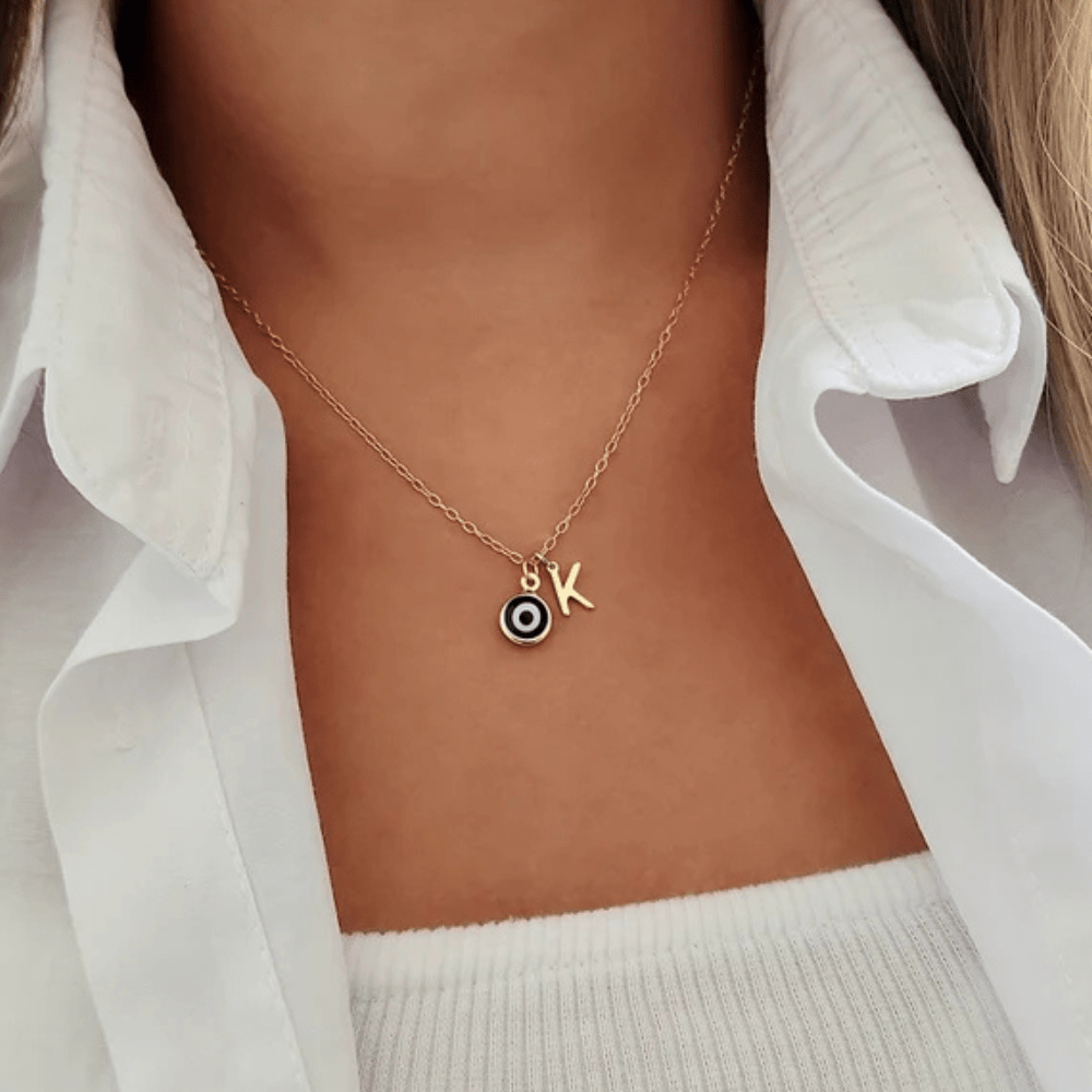 Custom Alphabets Necklace Small Letter initial With Evil Eye