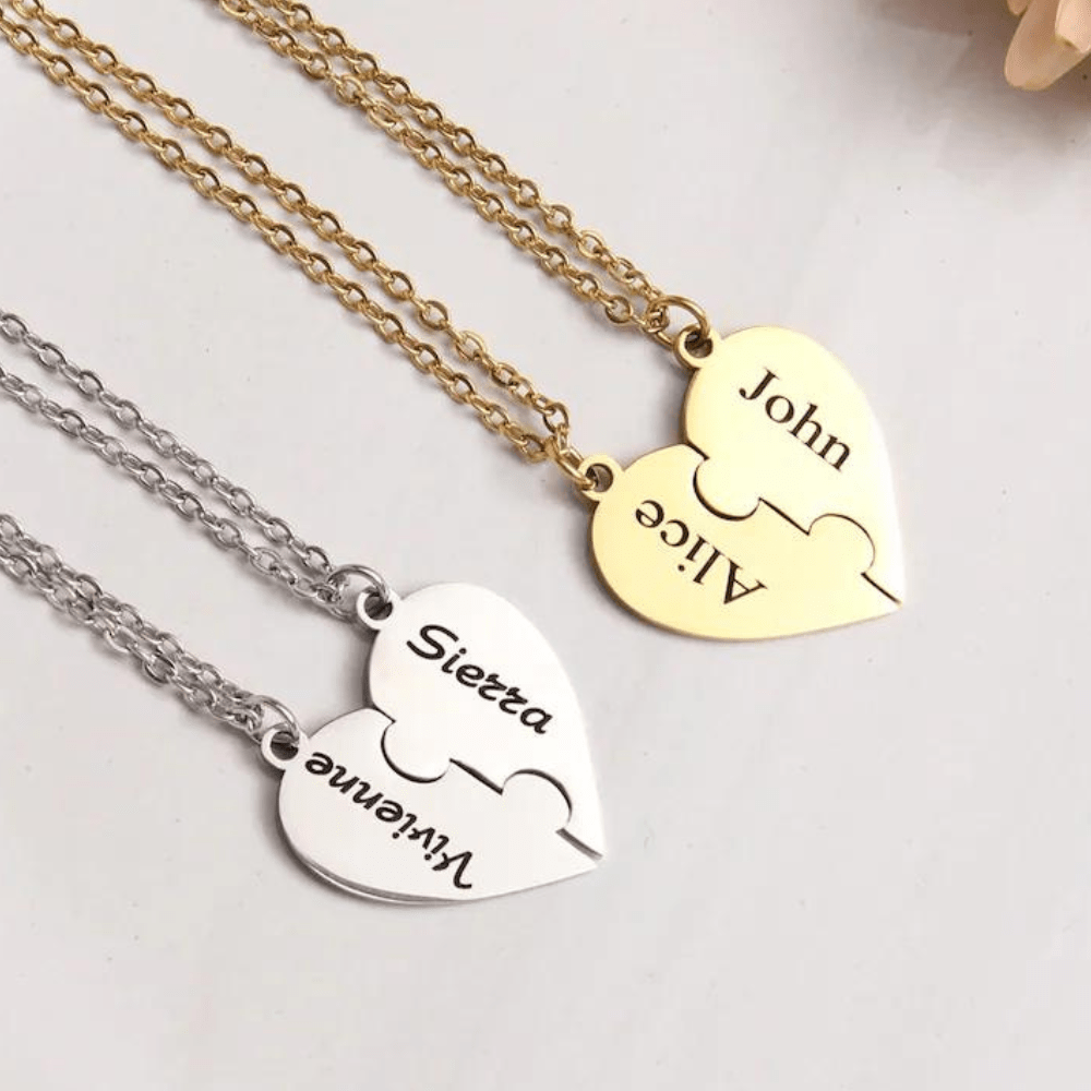 Heart puzzle Dual Custom Couple Name Necklace Double Name Half heart