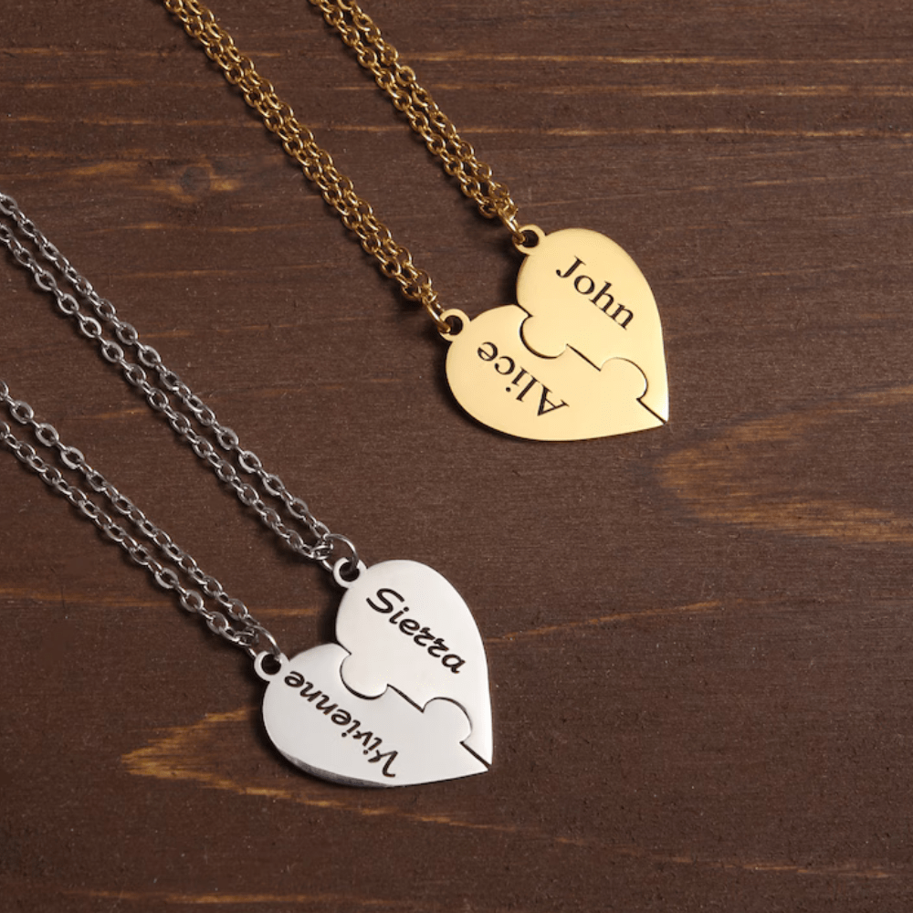 Double Heart Shape Heart Necklace With Name Engraved Heart Puzzle