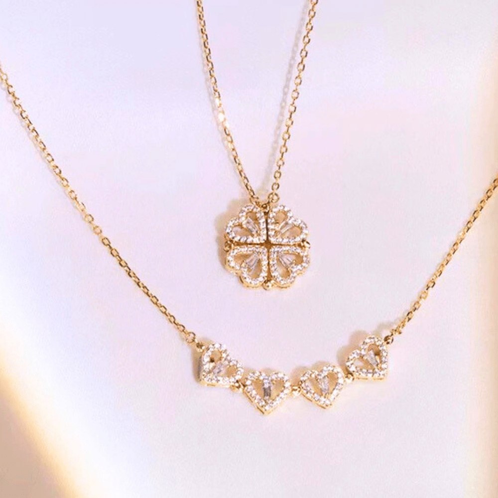 Magnetic 2 in 1 Clover Heart Necklace Gold Plated