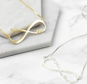 Gold and silver infinity couple custom name necklace pendant with personalized names Ella and Ida
