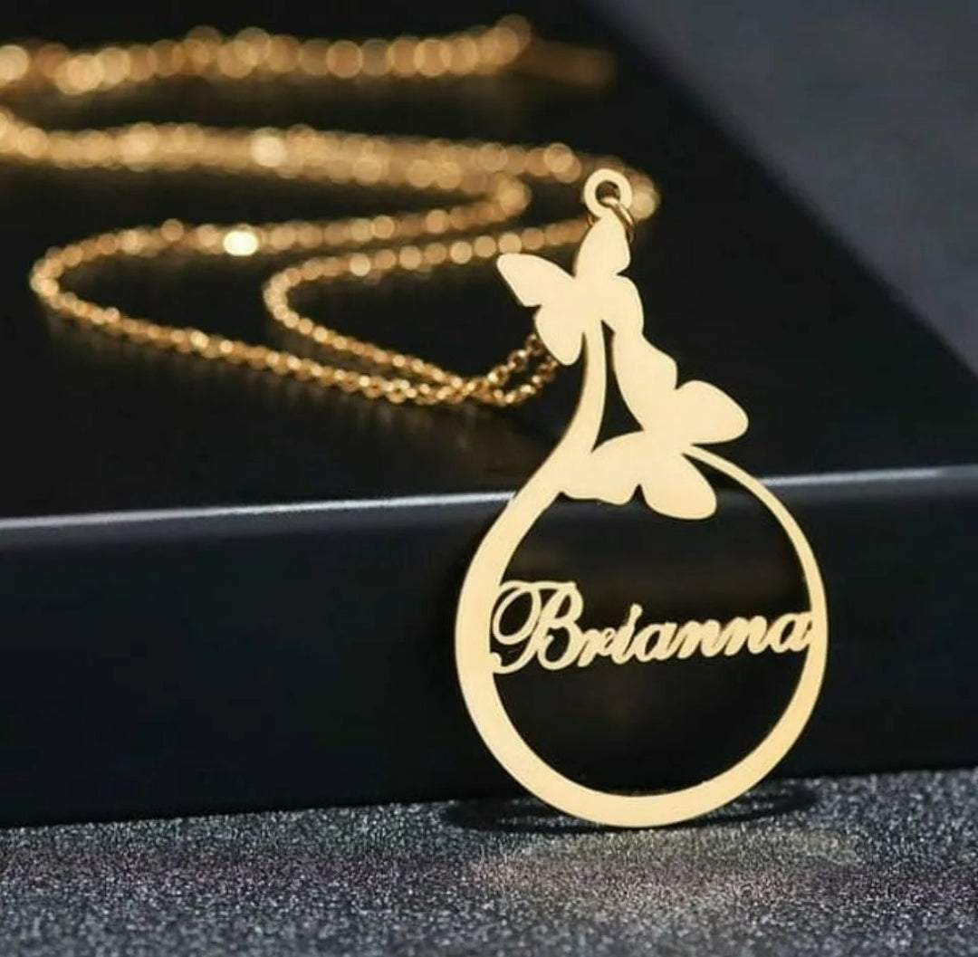 Custom Name Necklace Circle Butterfly Name Gold - Silver - Rose Gold Plated