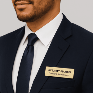 Engraved metal name brooch in gold worn by a professional man in a suit