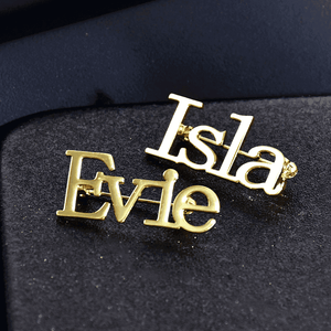 Personalized name brooch combo featuring gold Isla and Evie name brooches for a unique accessory
