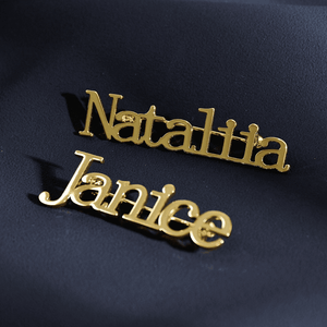 Personalized name brooch combo featuring gold nameplates 'Natallia' and 'Janice' for custom accessory lovers