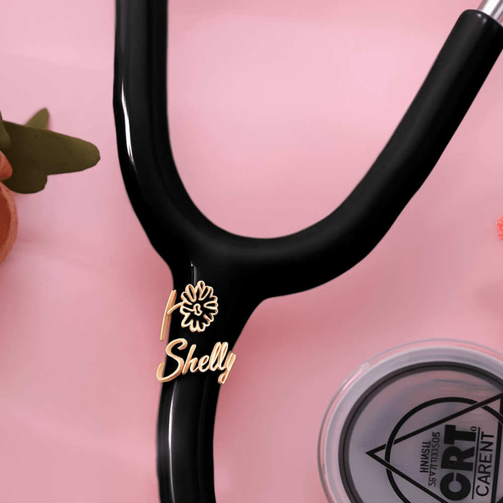 Personalized stethoscope name tag with a floral design engraved for personalized medical professionals