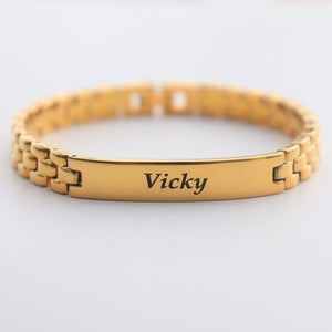 Gold Chain Name Bracelet with personalized engraving of the name Vicky by Ankx.in