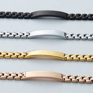 Ankx.in chain name bracelet in black, silver, gold, and rose gold with polished rectangular plates