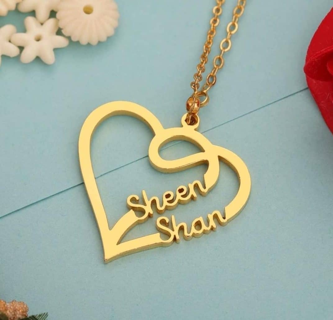 Gold couple name necklace pendant with heart shape and personalized names