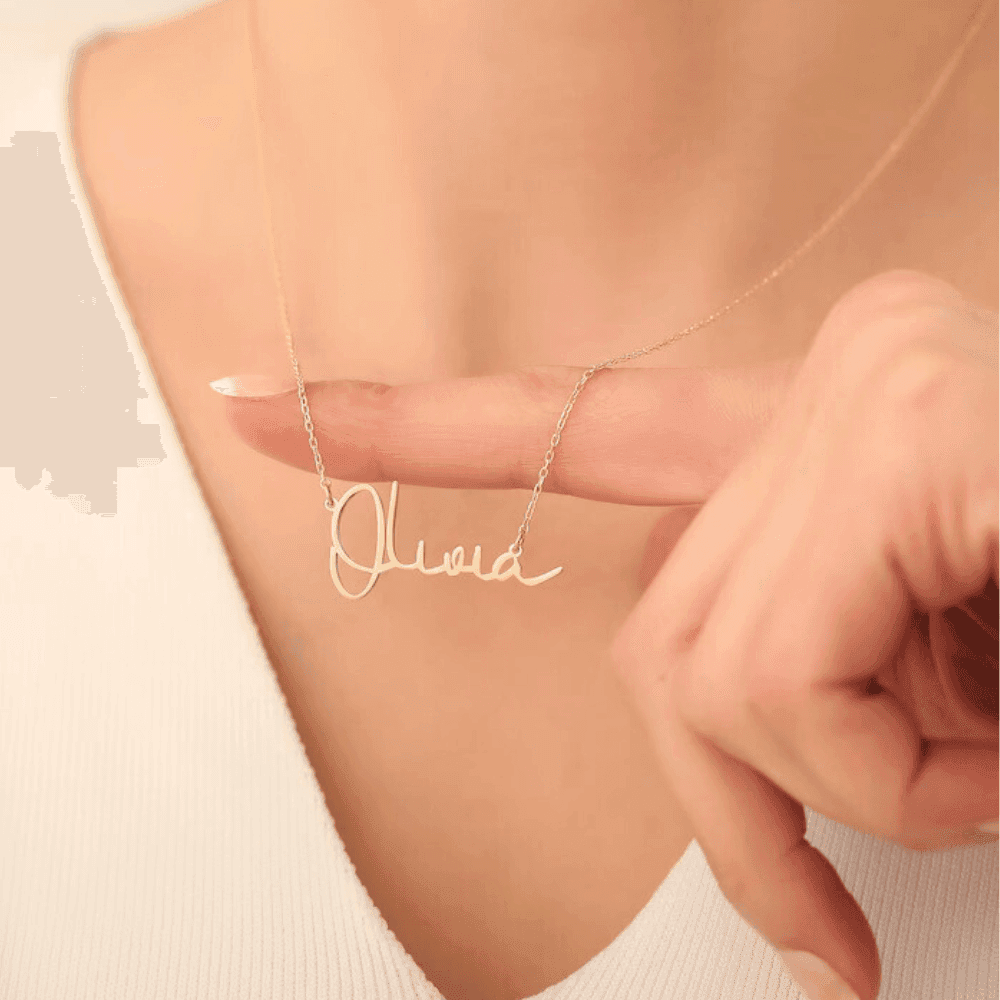Gold Plated Name Chain Pendant Necklace worn on neck with delicate script name pendant