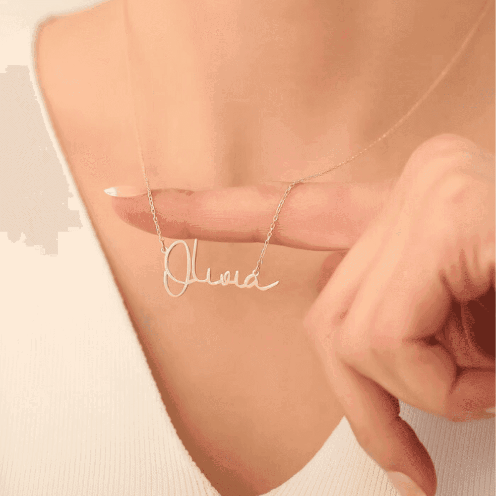 Gold Plated Name Chain Pendant Necklace worn on neck with delicate script name pendant