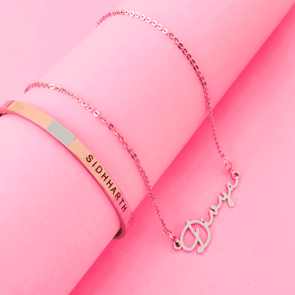 Rose Gold Name Bracelet featuring customized name 'Divya' alongside a personalized name bangle
