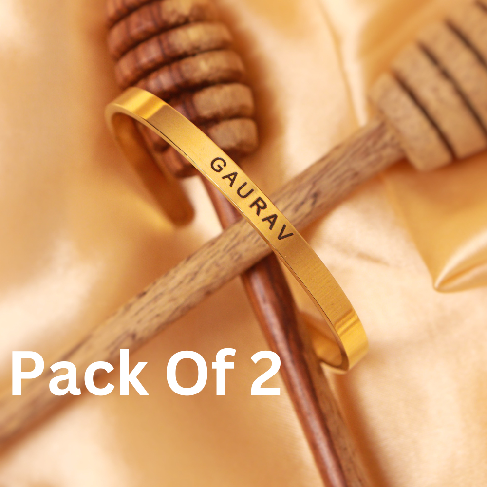 Gold name bracelet with Gaurav engraving, perfect for personal style in a pack of 2