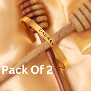 Gold name bracelet with Gaurav engraving, perfect for personal style in a pack of 2