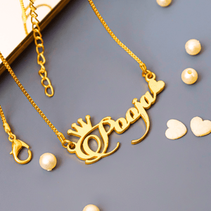 Gold plated Name Necklace Crown And Heart design with adjustable chain and decorative pearls