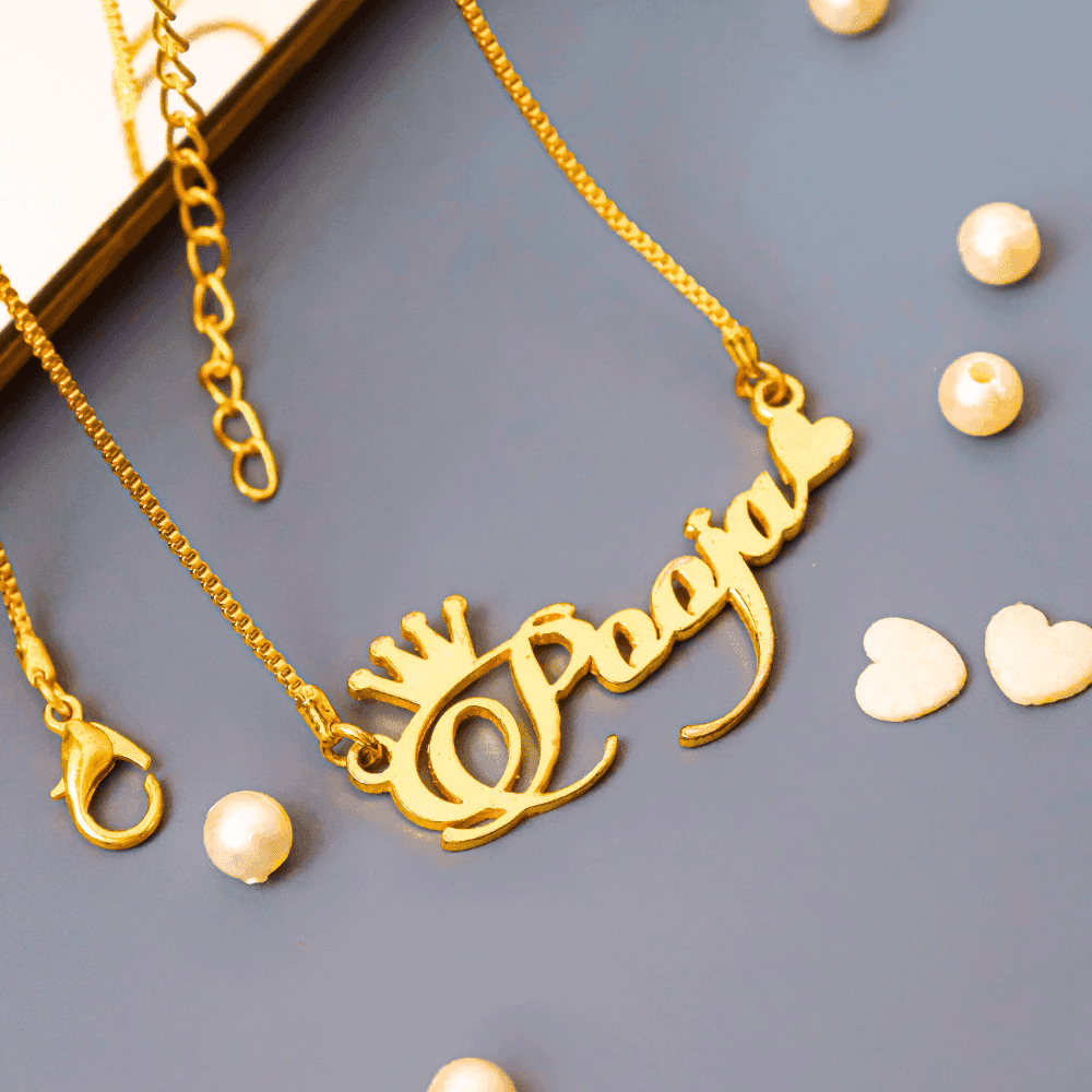 Gold plated Name Necklace Crown And Heart design with adjustable chain and decorative pearls