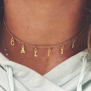 Gold chain Name Necklace Letters Choker spelling callie worn with light hoodie